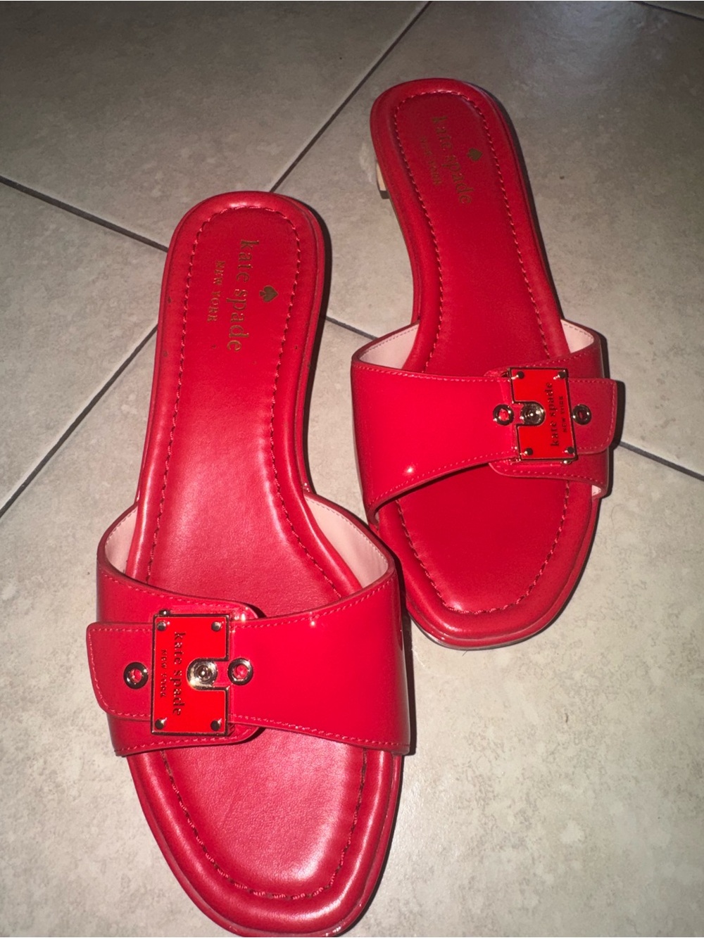 kate spade Red Patent Slide Sandals with Buckle Accent